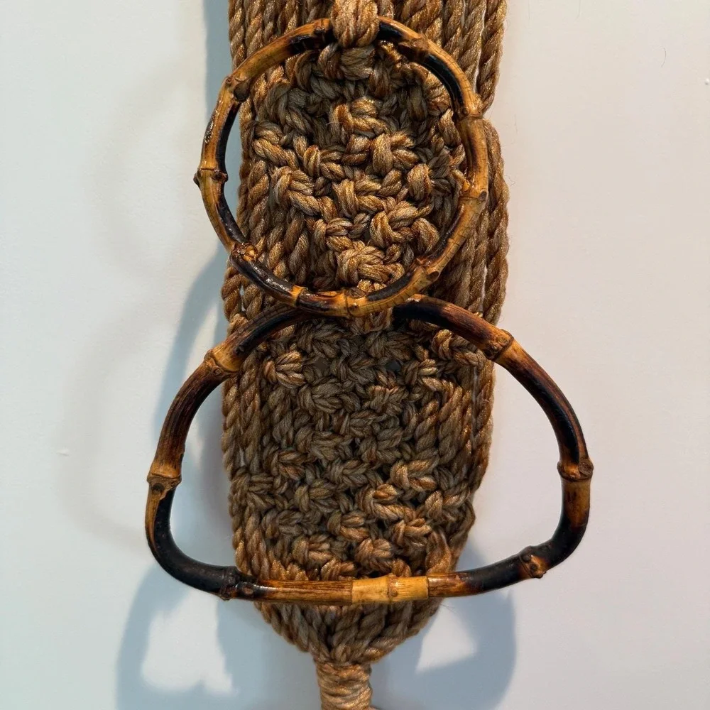 Vintage 70's Macrame Jute Wallhanging Towel Holder Boho MCM Faux Bamboo